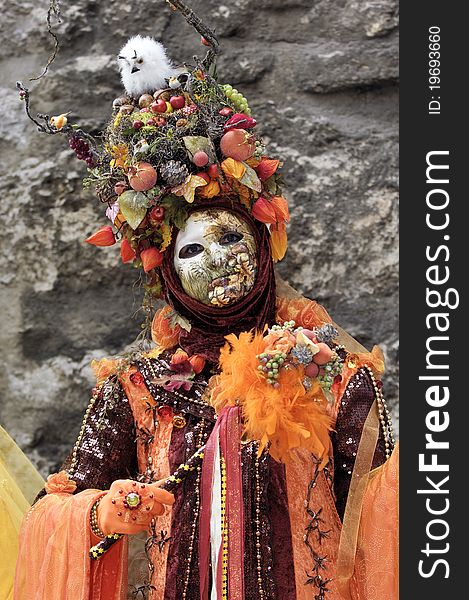 A portrait of one of the most beautiful masks photographed in open street during venetian carnival. A portrait of one of the most beautiful masks photographed in open street during venetian carnival.