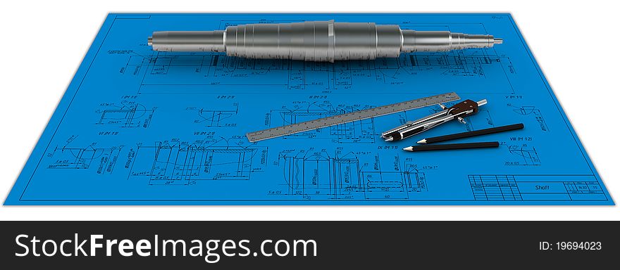 Metal shaft, compasses, rulers and pencils at an engineering drawing