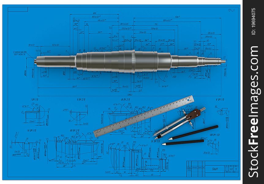 Metal shaft, compasses, rulers and pencils at an engineering drawing