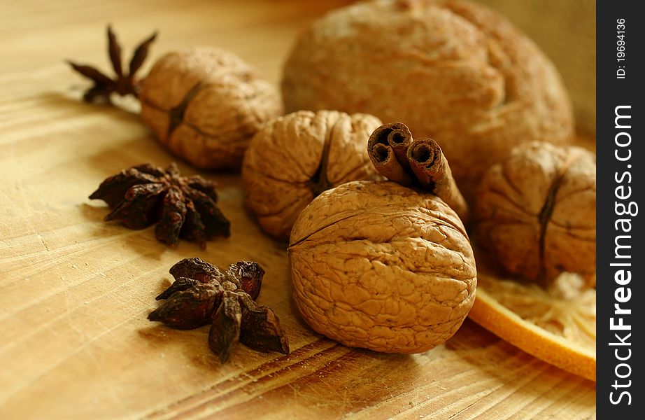 Walnuts on wooden board - food ingredient