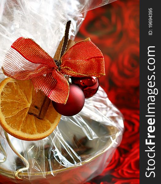 Christmas gifts on red background