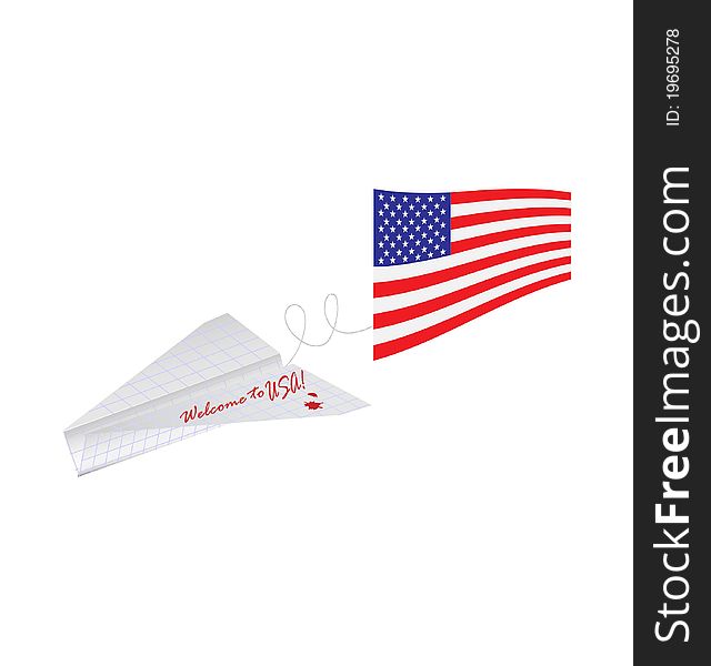 Paper plane with American flag on white illustration