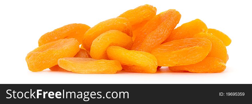 Pile of dried apricots over white background