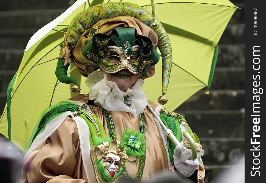 A portrait of one of the most beautiful masks photographed in open street during venetian carnival. A portrait of one of the most beautiful masks photographed in open street during venetian carnival.