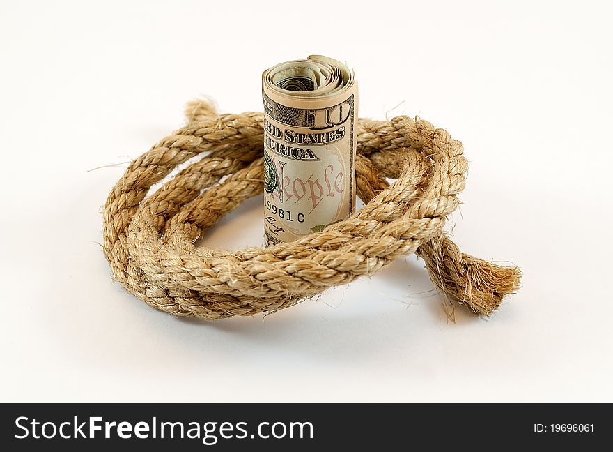 Dollars with rope isolated on white background