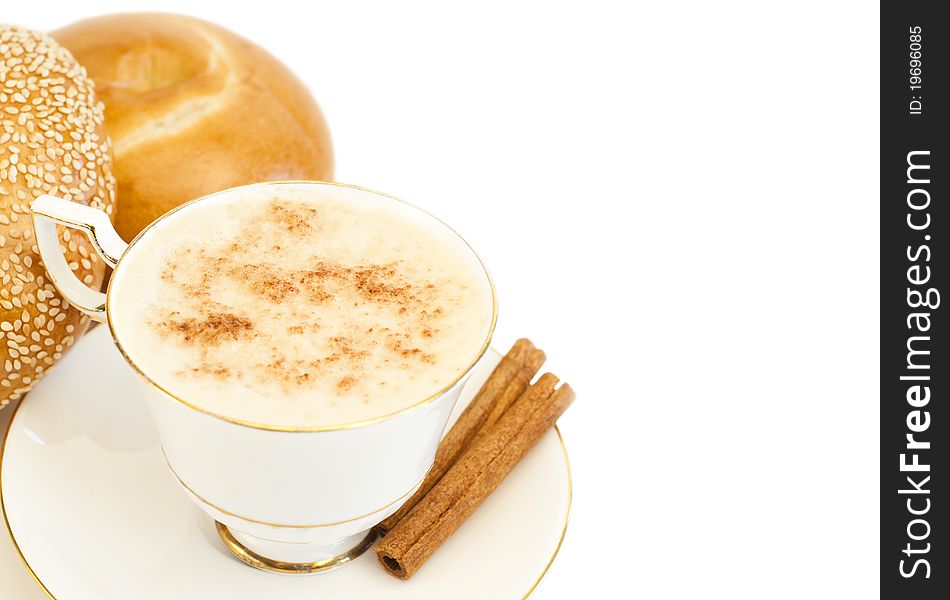 Cup of coffee and bagels over white background. Cup of coffee and bagels over white background