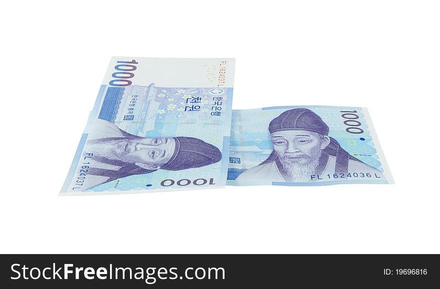 Two korean won money notes over white