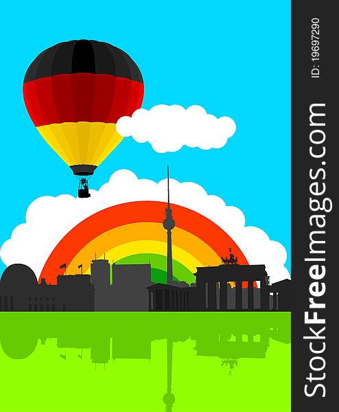 An illustration of Berlin skyline with Germany flag air balloon