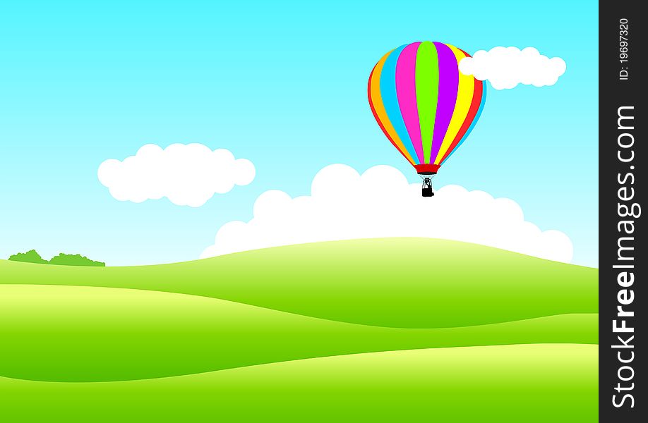 Illustration of an air balloon floating above hills