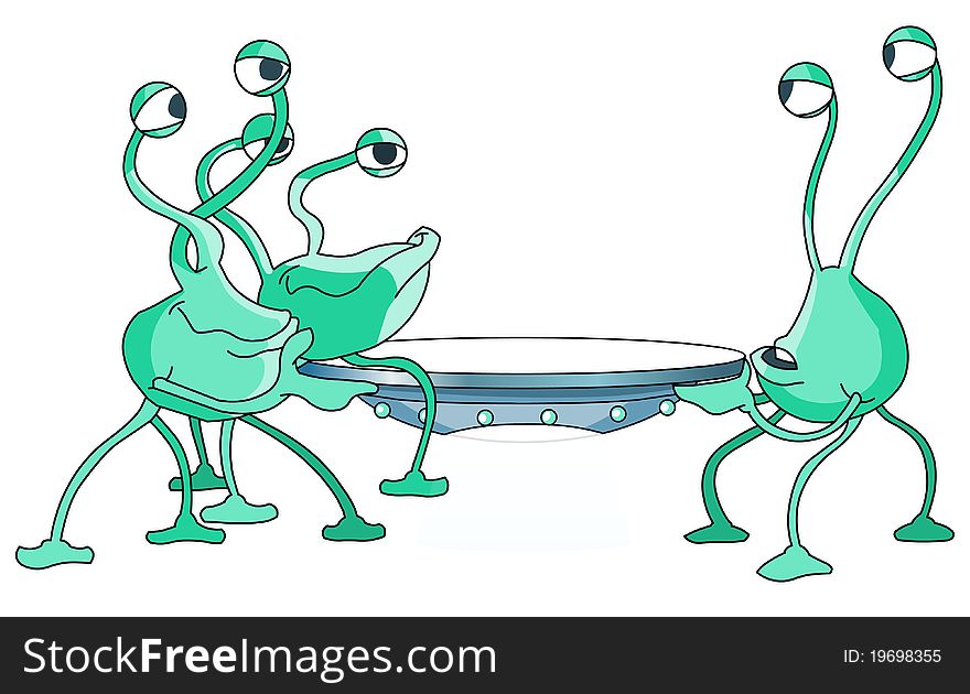 Cartoon illustration of funny aliens holding a flying saucer in hands. Cartoon illustration of funny aliens holding a flying saucer in hands.