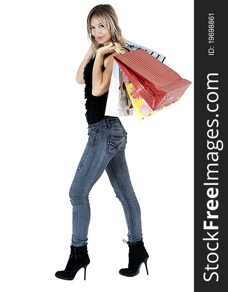 Sexy Blond Woman With Shopping Bags