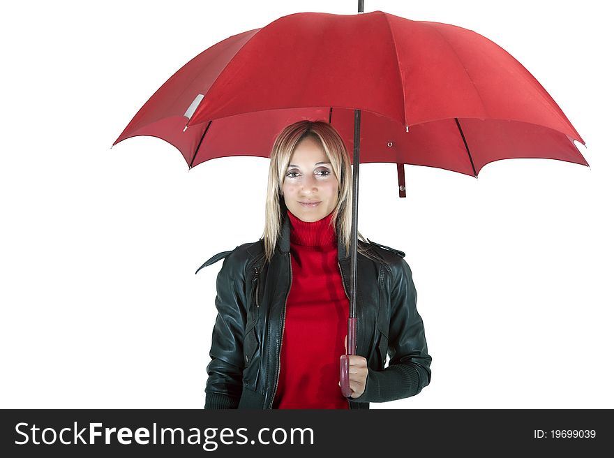 Happy smiling woman under her red umbrella. Happy smiling woman under her red umbrella