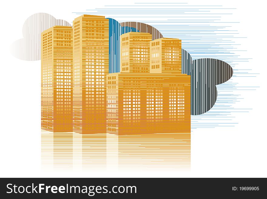 Abstract illustrated city with clouds and building reflection. Abstract illustrated city with clouds and building reflection