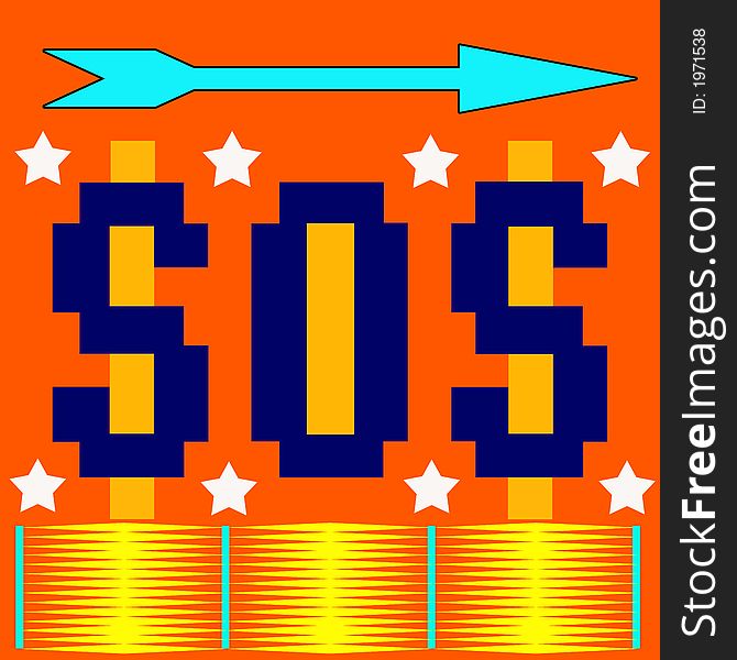 Orange background, yellow coins, sos, arrow , stars. Orange background, yellow coins, sos, arrow , stars