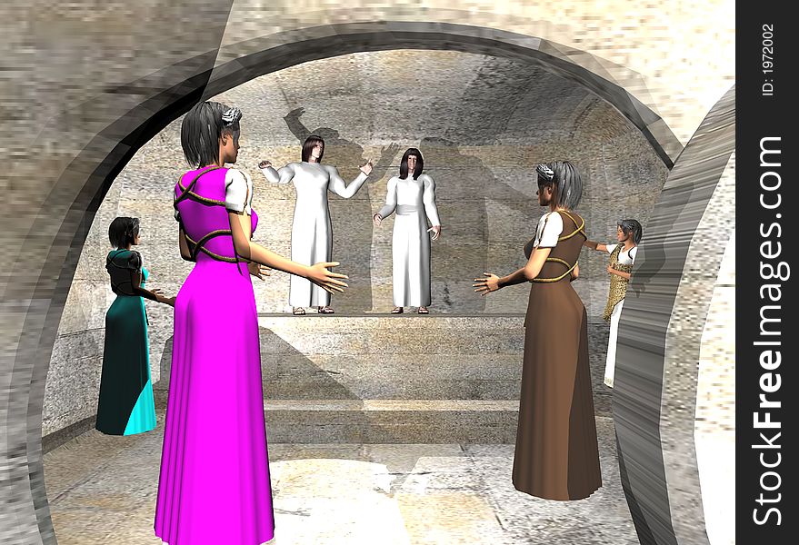 Computer generated scene of the Resurrection tomb and the gathering of women as told by Luke. Computer generated scene of the Resurrection tomb and the gathering of women as told by Luke