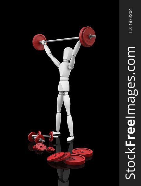 3D render of a wooden man lifting weights. 3D render of a wooden man lifting weights