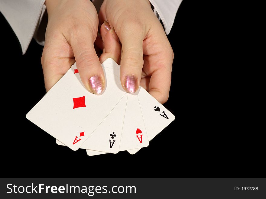 Four Aces In Female Hands On Black