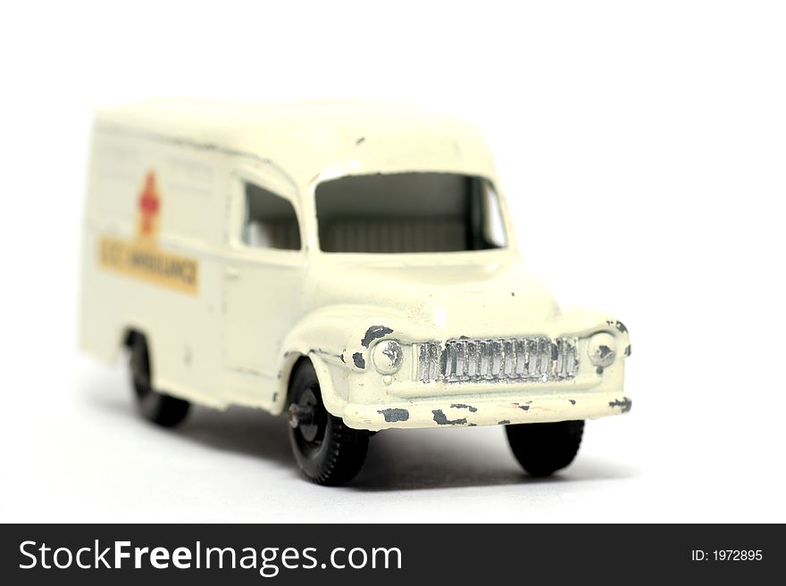 Picture of a old small toy ambulance. British metal toy from my brothers toy collection. Made in the 1960's. Picture of a old small toy ambulance. British metal toy from my brothers toy collection. Made in the 1960's