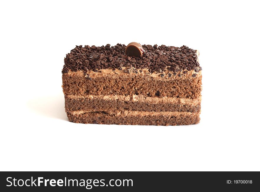 A piece of freshness chocolate sponge cake on white background