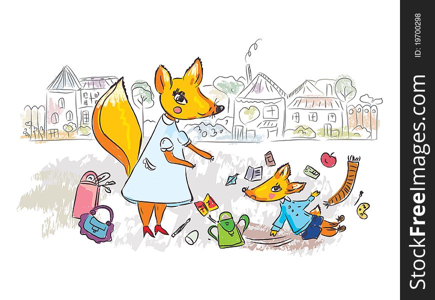 Family scene at the street with fox cartoon