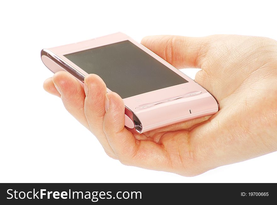 Female hand is holding a modern touch screen phone