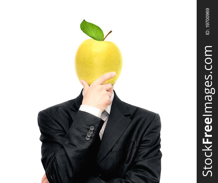 Young business man with apple instead of head. Young business man with apple instead of head