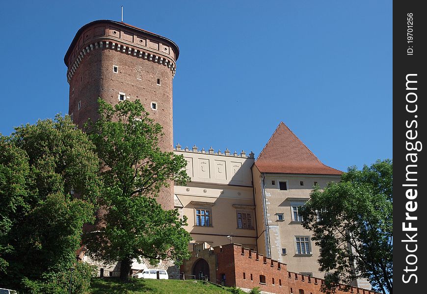 A fragment of the defensive wall around the Royal Castle in Krakow, Poland