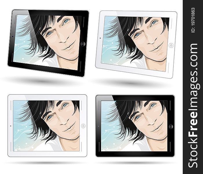 Vector touch pad tablet computers with smiling male face background vector