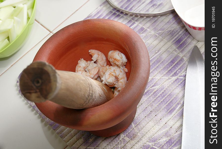 Shrim in motar for cooking. Shrim in motar for cooking