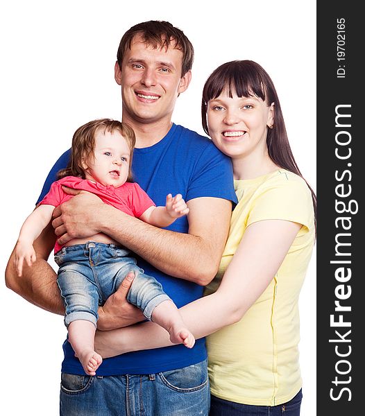 Happy young family; mother, father and their daughter isolated against white background. Happy young family; mother, father and their daughter isolated against white background