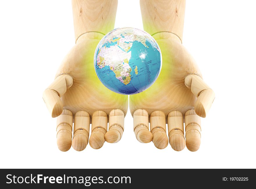 A world on wooden hand holding