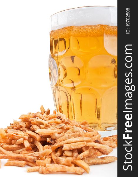 Beer and crackers isolated on a white background