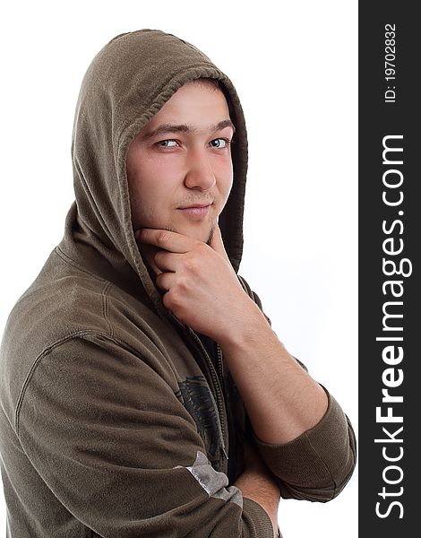 Young man in wearing hood isolated on white