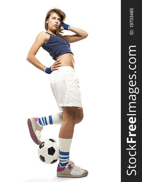 girl with soccer ball with over white background. girl with soccer ball with over white background