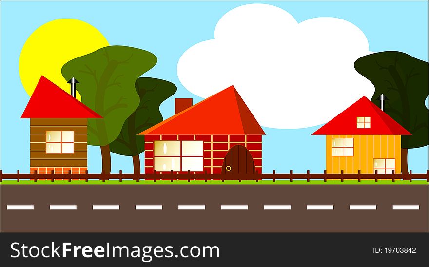 Three cottages, the road, trees