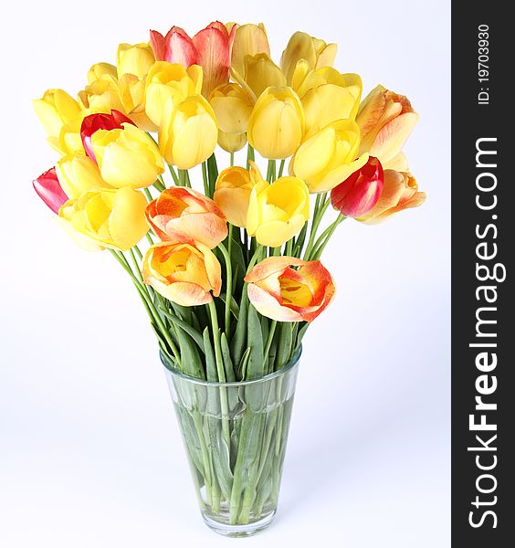 Bouquet of yellow, orange and red tulips