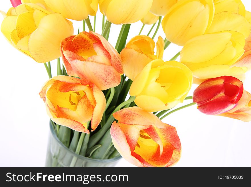 Bouquet of yellow, orange and red tulips