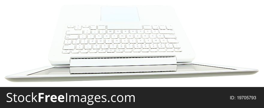 Top view of new clean white laptop keyboard looking over top. Top view of new clean white laptop keyboard looking over top.