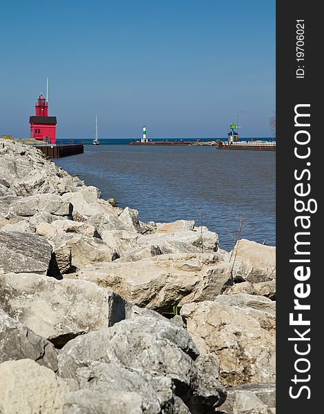 Red lighthouse on the coast of Lake Michigan. Red lighthouse on the coast of Lake Michigan