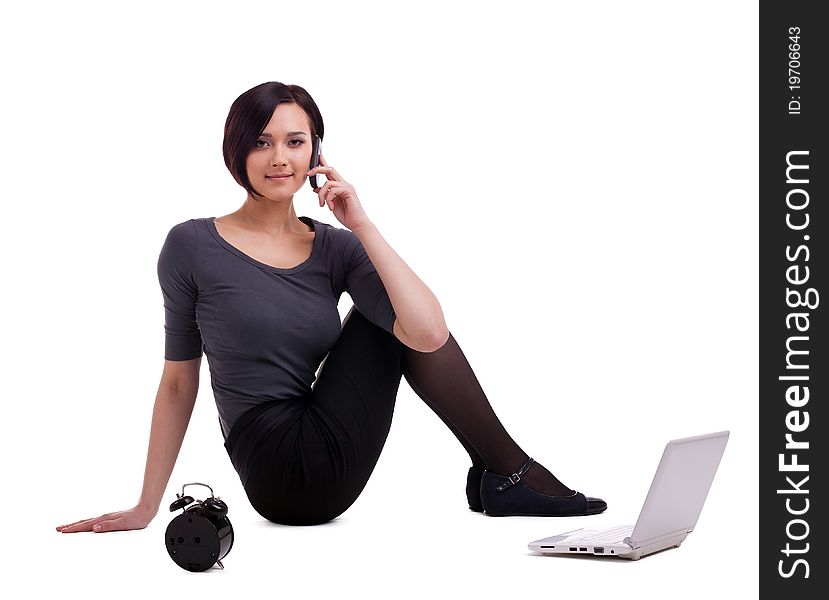 Businesswoman Sit With Laptop Talk On Cell
