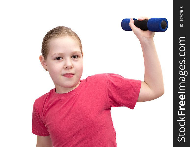 The girl from dumbbells isolated on white.