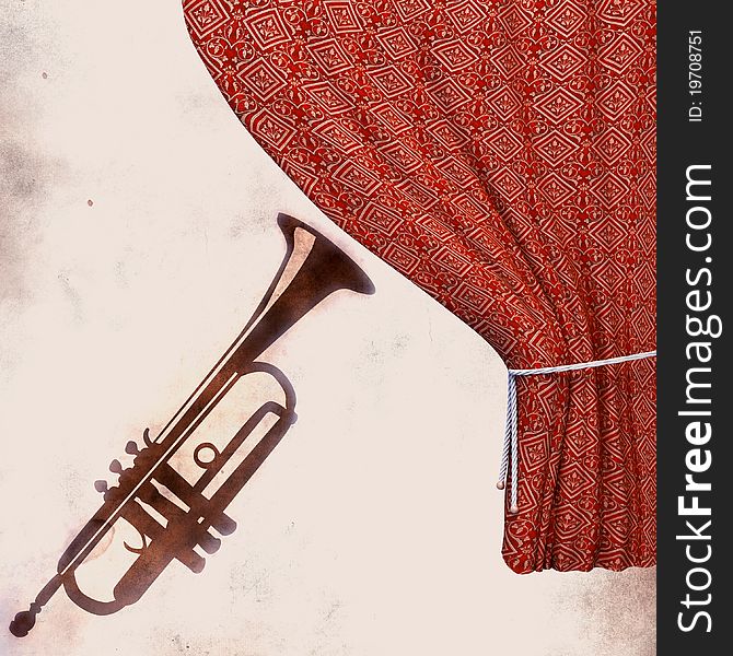 Background with trumpet and red curtain