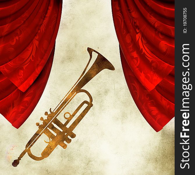 Background with trumpet and red curtain