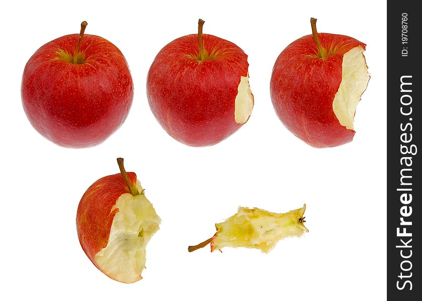 Red apple in different stages of eating, isolated on white background