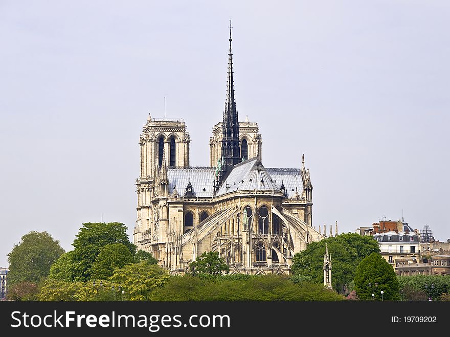 Notre Dame de Paris. Symbol of Paris. View of the island Cite. River Seine.