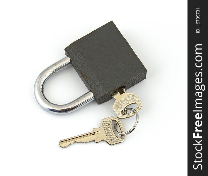 Padlock and key on a plain white background.