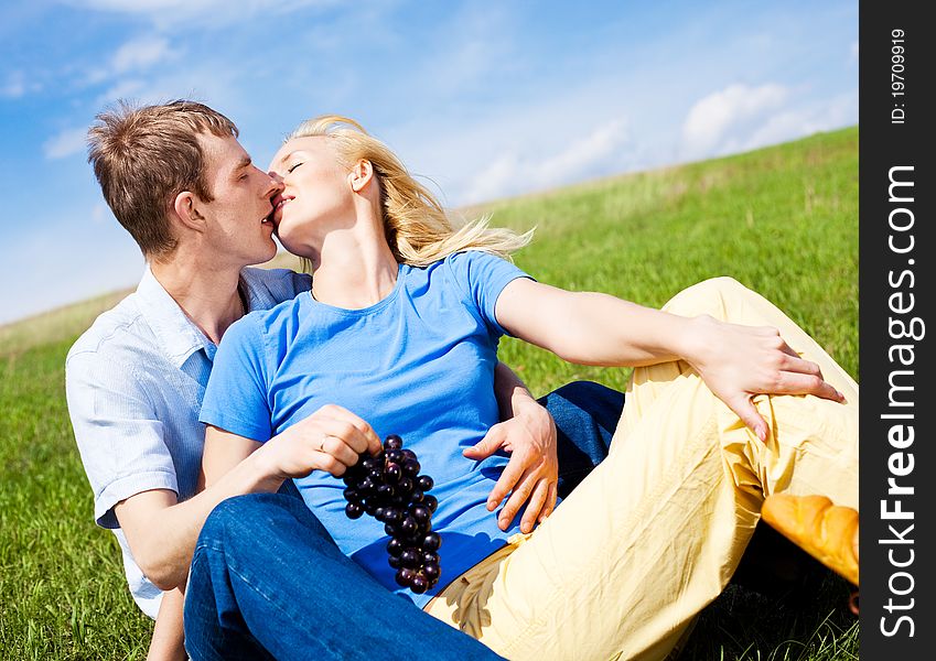 Happy young couple having a picnic outdoor on a summer day. Happy young couple having a picnic outdoor on a summer day