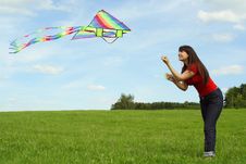 Girl Flying Kite On Summer Meadow Royalty Free Stock Images