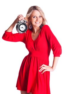 Woman With Alarm Clock Stock Photo
