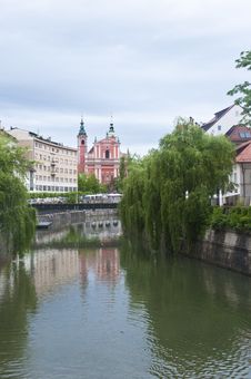 River And Old Town Centre With Church In Ljubljana Stock Photo River And Old Town Centre With Church In Ljubljana Stock Photo